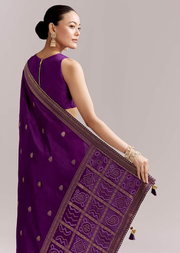 Purple Silk Woven Bandhani Saree With Zari Borders
