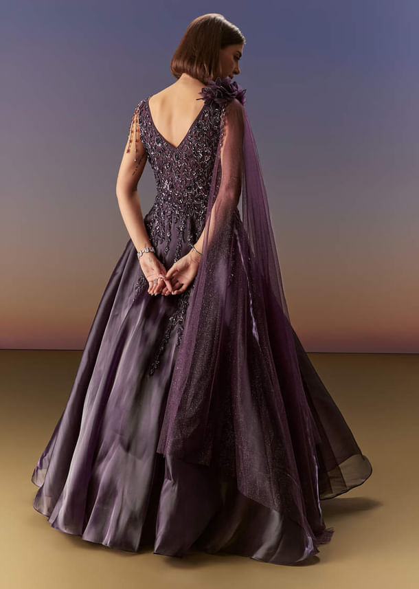 Purple Sleeveless Gown With Floral Shoulder Embroidery And Trail Purple Sleeveless Gown With Floral Shoulder Embroidery And Trail