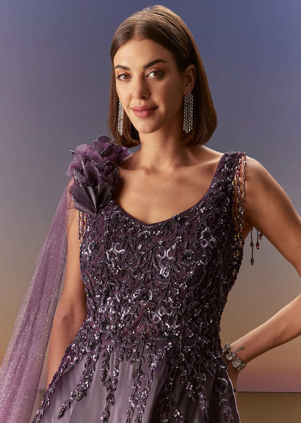 Purple Sleeveless Gown With Floral Shoulder Embroidery And Trail Purple Sleeveless Gown With Floral Shoulder Embroidery And Trail