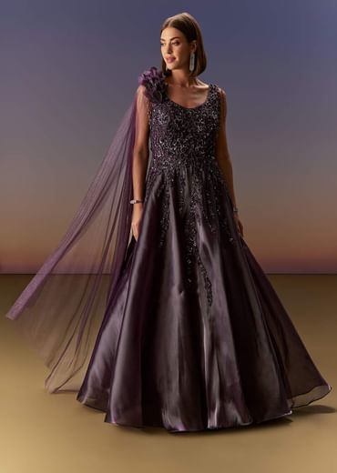 Purple Sleeveless Gown With Floral Shoulder Embroidery And Trail