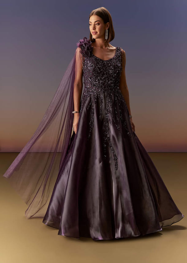 Purple Sleeveless Gown With Floral Shoulder Embroidery And Trail Purple Sleeveless Gown With Floral Shoulder Embroidery And Trail