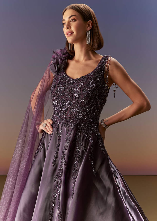 Purple Sleeveless Gown With Floral Shoulder Embroidery And Trail Purple Sleeveless Gown With Floral Shoulder Embroidery And Trail