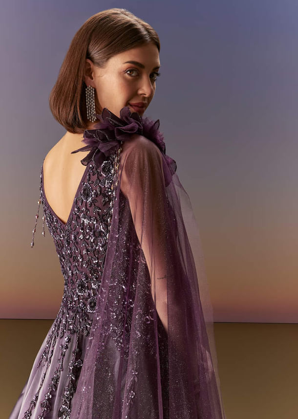 Purple Sleeveless Gown With Floral Shoulder Embroidery And Trail Purple Sleeveless Gown With Floral Shoulder Embroidery And Trail