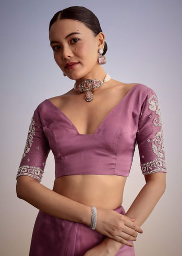 Purple Tissue Embellished Saree With Floral Embroidery All Over
