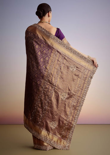 Purple Tissue Embellished Saree With Floral Embroidery