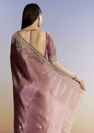 Purple Tissue Saree With Cutdana Sequins And Resham Knot Work