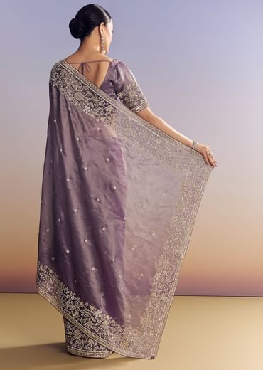 Purple Tissue Saree With Heavy Floral Embroidered Border