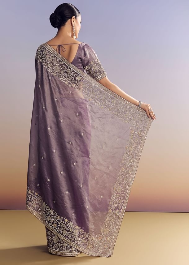 Purple Tissue Saree With Heavy Floral Embroidered Border
