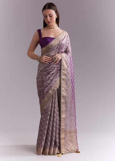 Purple Tissue Saree With Zig Zag Weave And Zari Border