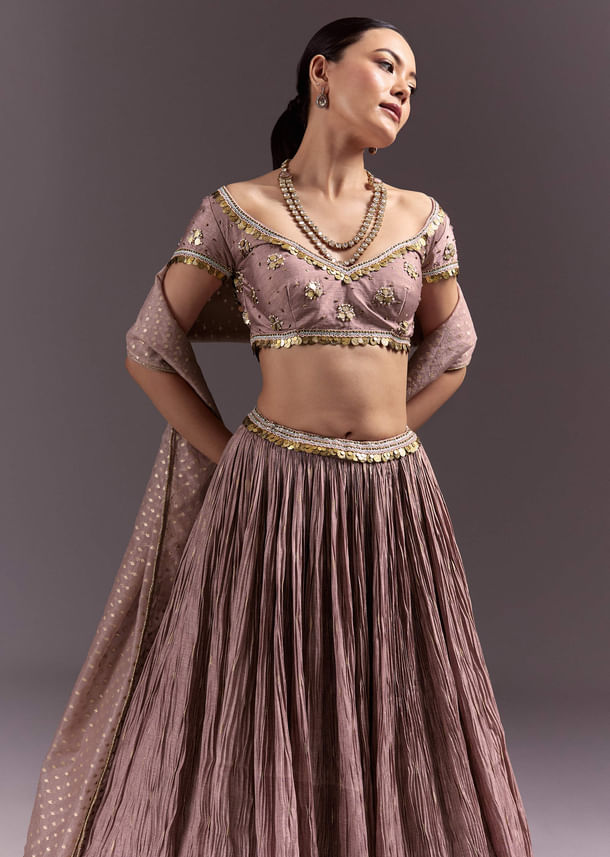 Purple Tussar Lehenga Set With Copper Coin Metal Embroidery