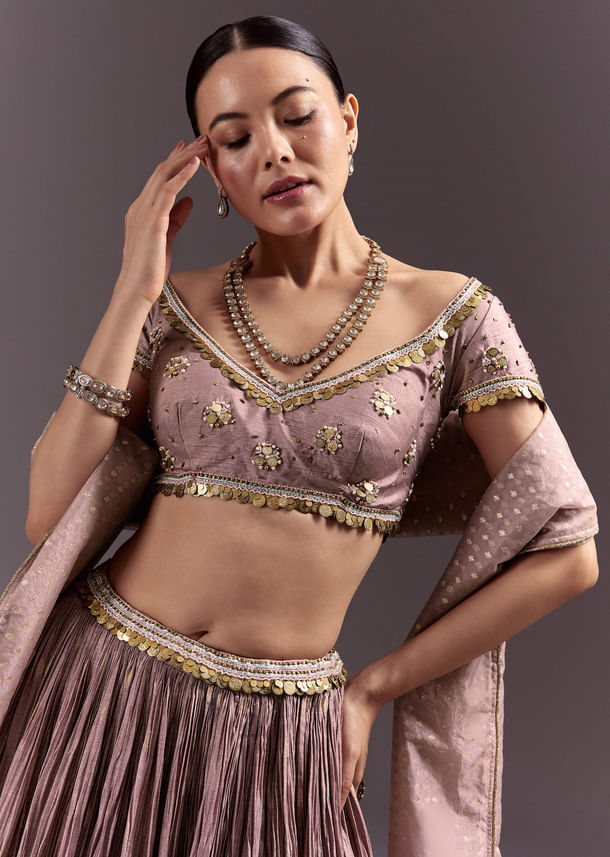 Purple Tussar Lehenga Set With Copper Coin Metal Embroidery