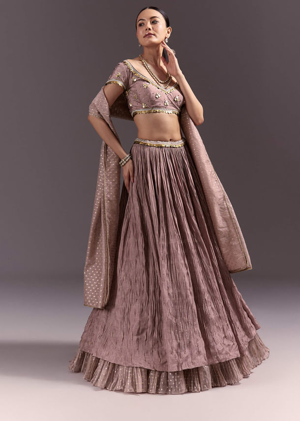 Purple Tussar Lehenga Set With Copper Coin Metal Embroidery