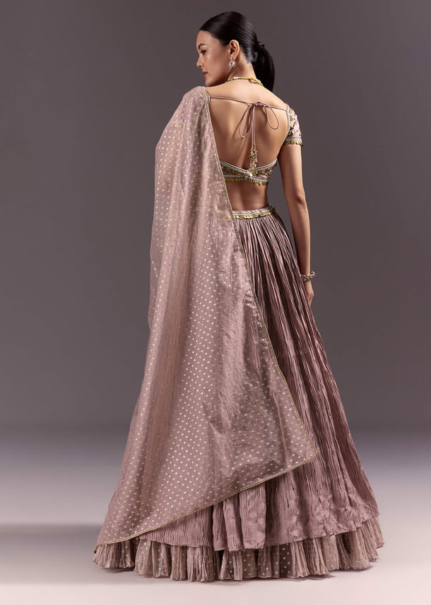 Purple Tussar Lehenga Set With Copper Coin Metal Embroidery