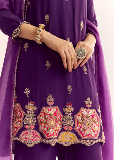 Purple Zardosi Work Dola Silk Kurta With Organza Dupatta