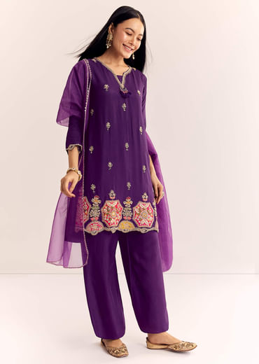 Purple Zardosi Work Dola Silk Kurta With Organza Dupatta