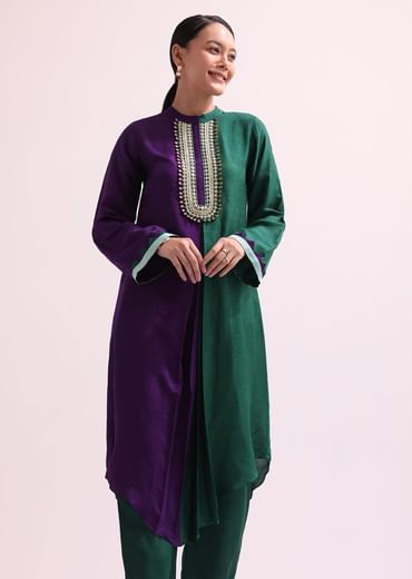 Purple And Green Embroidered Kurta And Pant