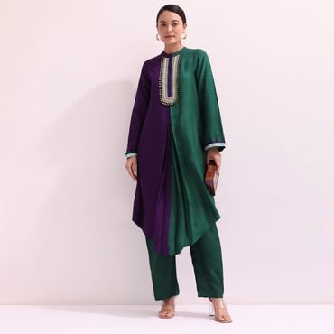 Purple And Green Embroidered Kurta And Pant