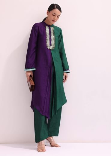 Purple And Green Embroidered Kurta And Pant