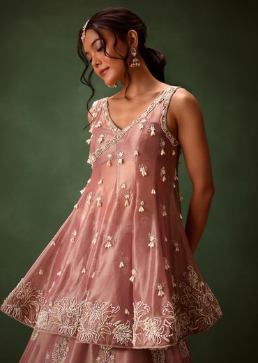 Purple Angrakha Style Embroidered Kurta With Lehenga