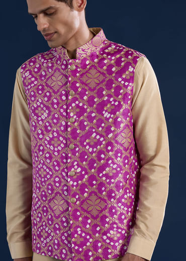 Purple Bandhani Silk Mens Jacket Kurta Set