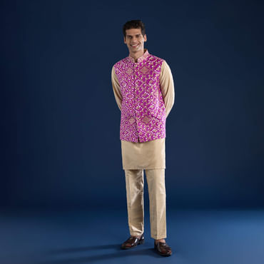 Purple Bandhani Silk Mens Jacket Kurta Set