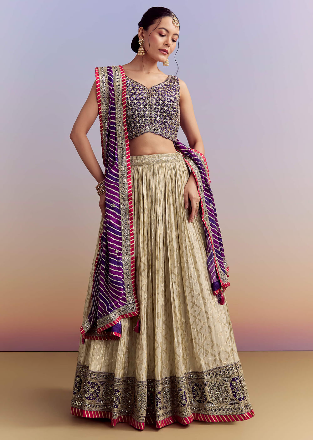 Purple Brocade Silk Bridesmaid Lehenga With Leheriya Dupatta And Zardosi Work