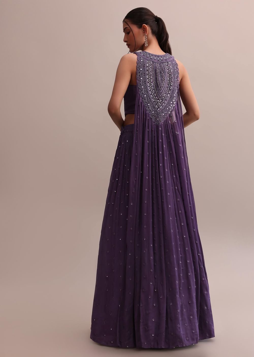 Purple Chiffon Boutique Choli And Lehenga With Foil Mirror Work Cape Set