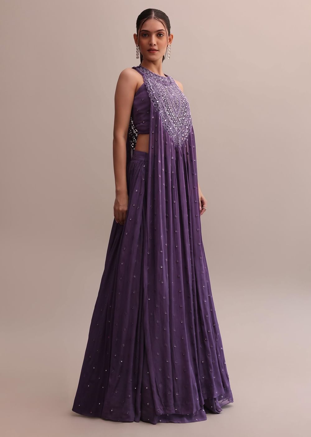 Purple Chiffon Boutique Choli And Lehenga With Foil Mirror Work Cape Set