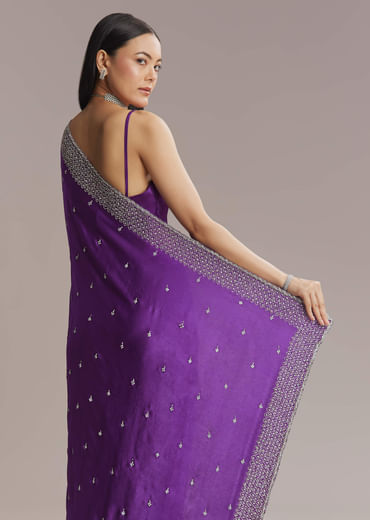 Purple Chinon Saree With Stone And Sequin Embroidery