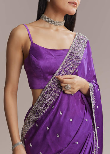Purple Chinon Saree With Stone And Sequin Embroidery