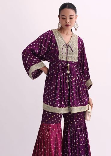 Purple Crepe Bandhani Print Sharara Set