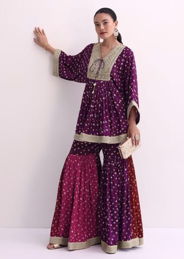 Purple Crepe Bandhani Print Sharara Set