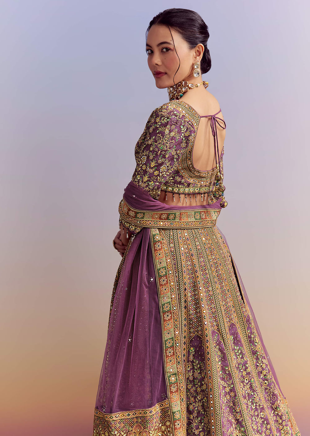 Purple Crepe Printed Bridesmaid Lehenga With Heavy Hand Embroidery