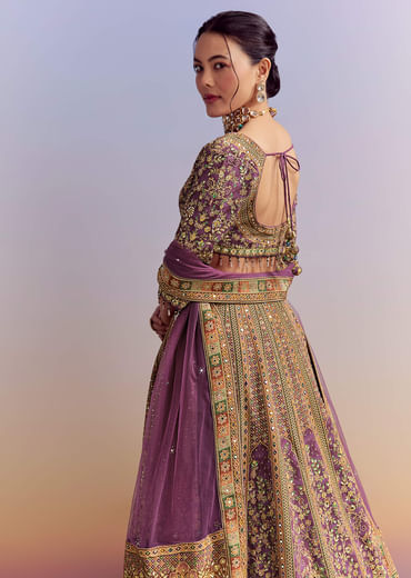 Purple Crepe Printed Bridesmaid Lehenga With Heavy Hand Embroidery