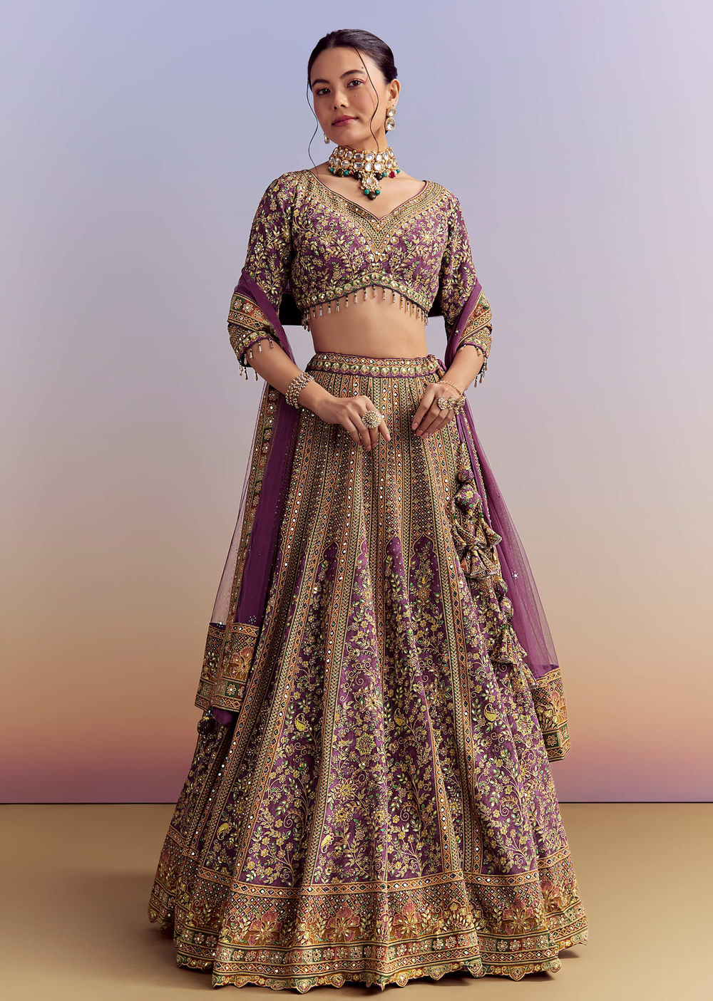 Purple Crepe Printed Bridesmaid Lehenga With Heavy Hand Embroidery