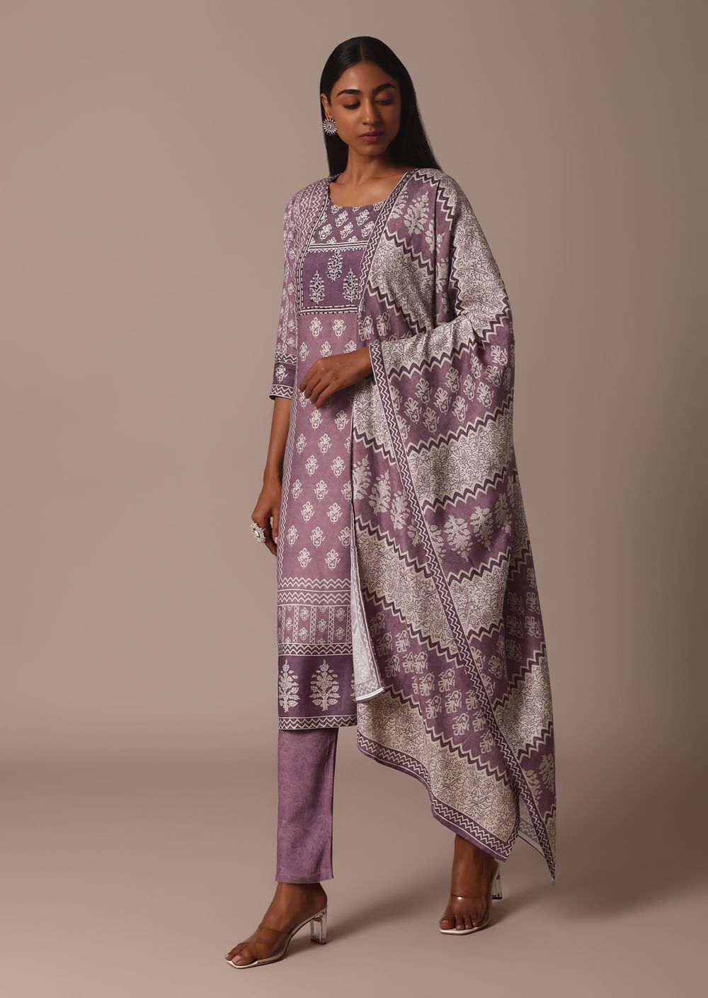 Purple Crepe Printed Kurti Pant Set With Cutdana Detail