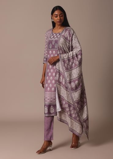Purple Crepe Printed Kurti Pant Set With Cutdana Detail