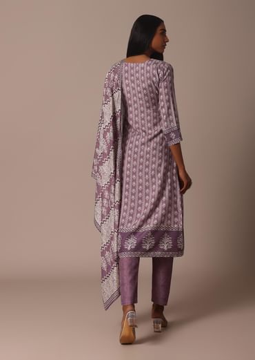 Purple Crepe Printed Kurti Pant Set With Cutdana Detail