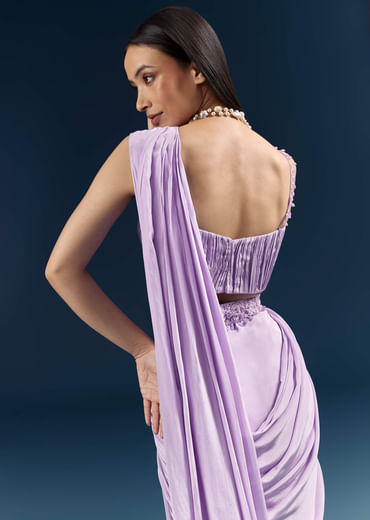 Purple Crepe Ready Pleated Saree With Heavy Embroidery