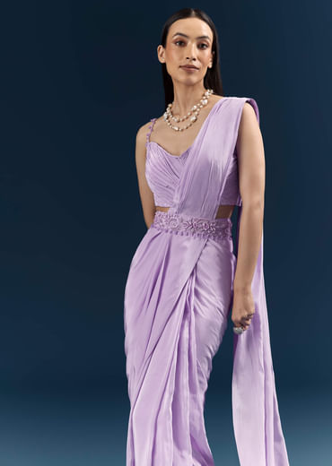 Purple Crepe Ready Pleated Saree With Heavy Embroidery