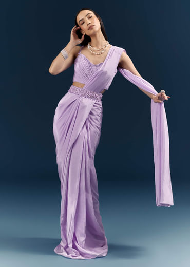 Purple Crepe Ready Pleated Saree With Heavy Embroidery