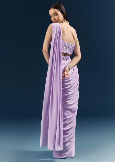 Purple Crepe Ready Pleated Saree With Heavy Embroidery