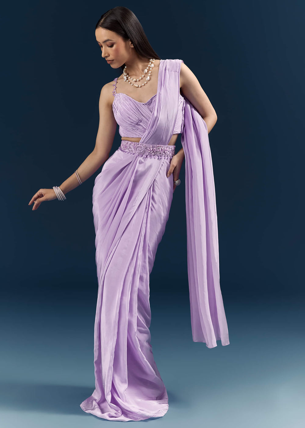 Purple Crepe Ready Pleated Saree With Heavy Embroidery