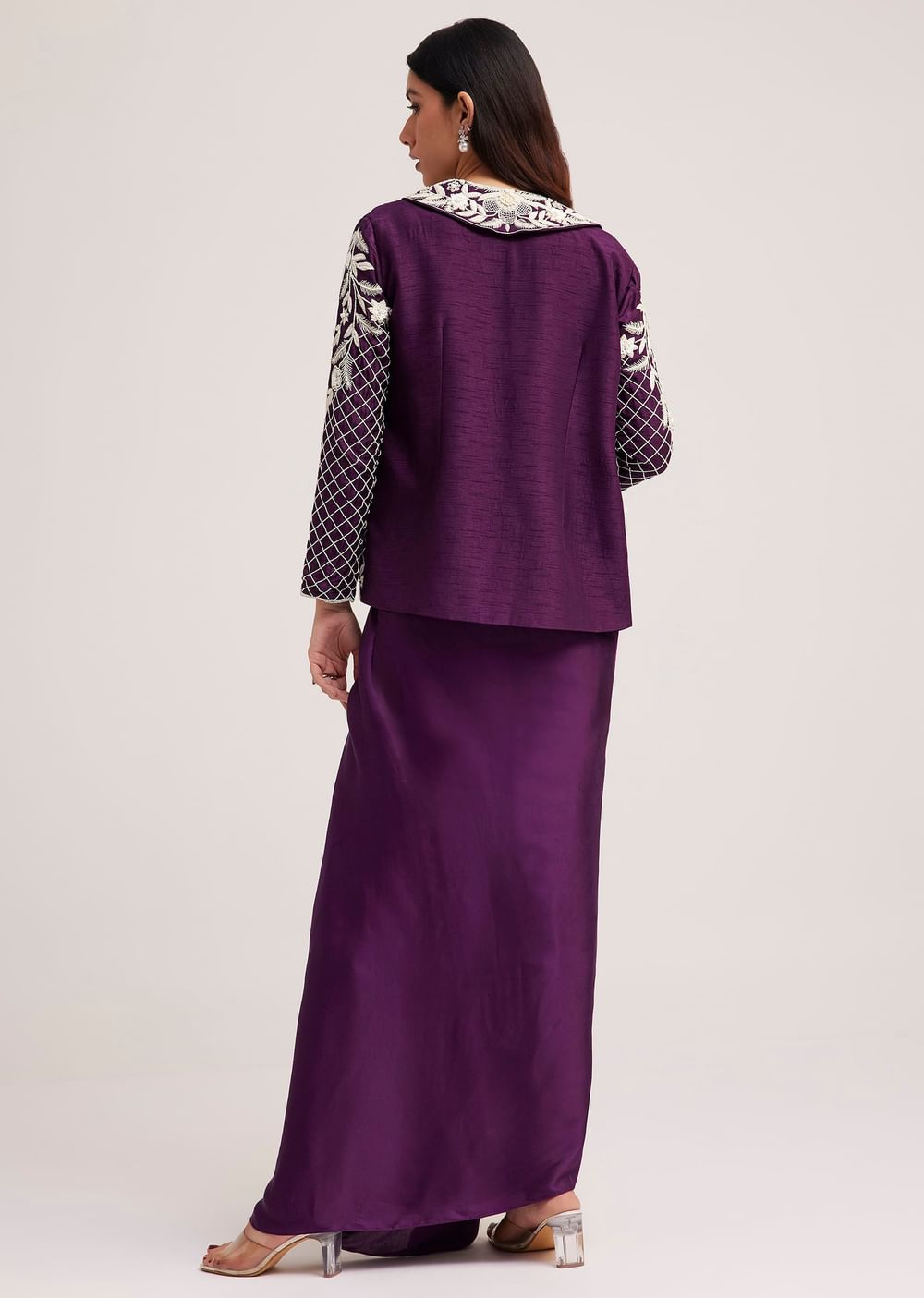 Purple Crop Top Skirt And Embroidered Jacket Set