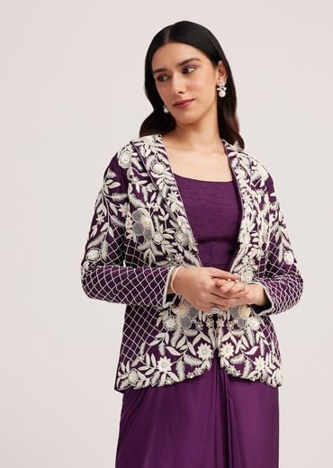 Purple Crop Top Skirt And Embroidered Jacket Set