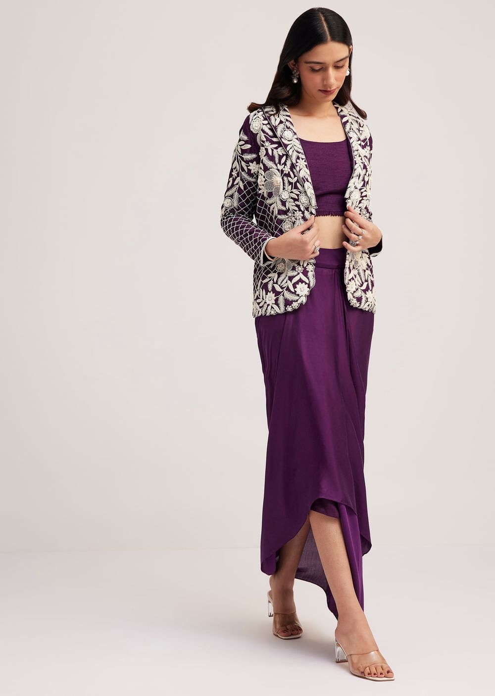 Purple Crop Top Skirt And Embroidered Jacket Set