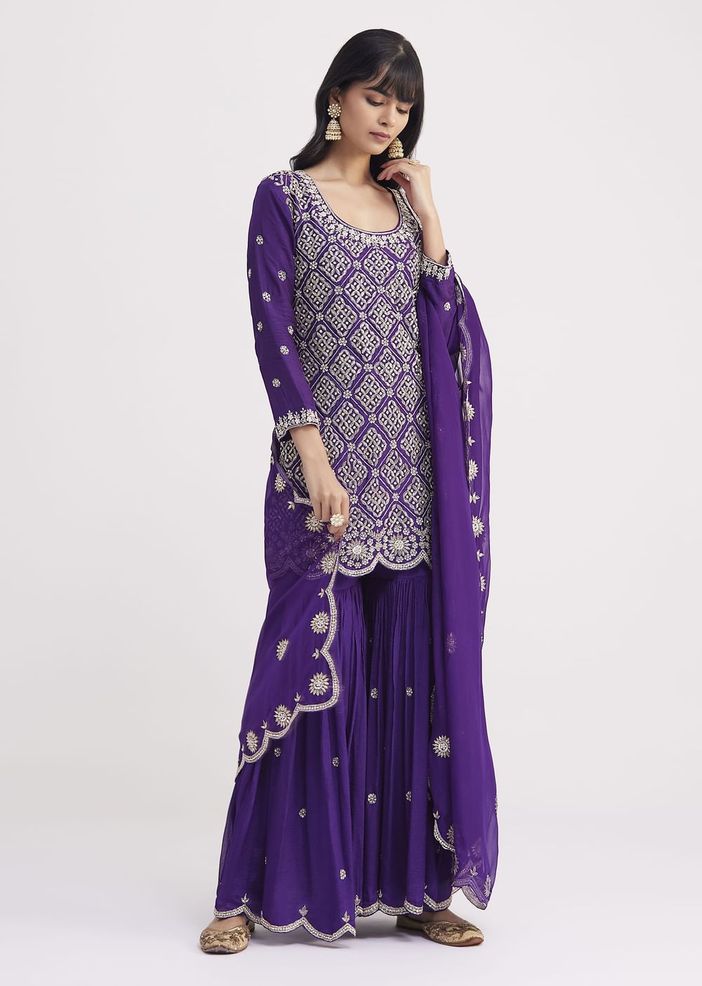 Purple Cutdana Embroidered Sharara Suit With Organza Dupatta