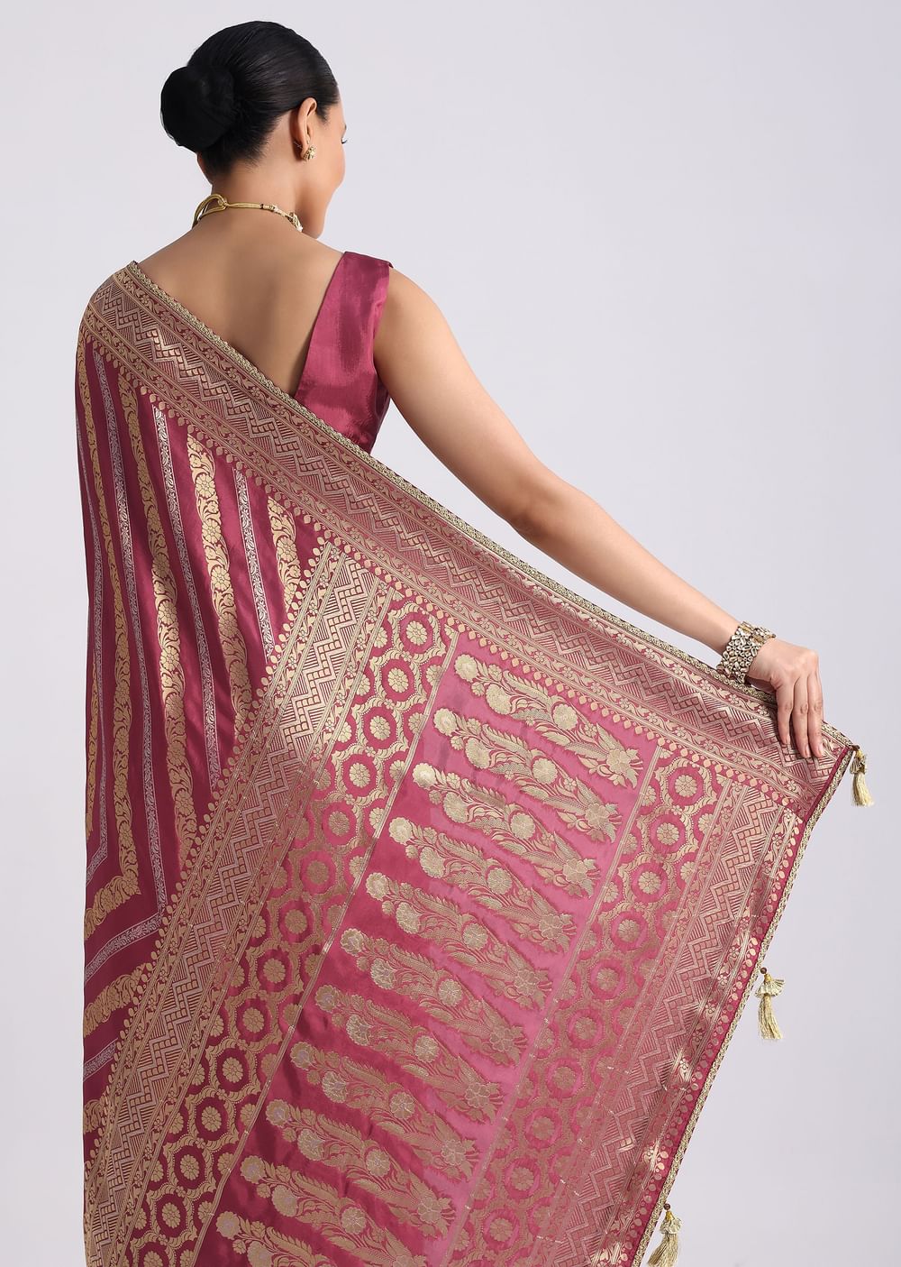 Dusty Pink Dola Silk Saree with Zari Weave and Lace Border