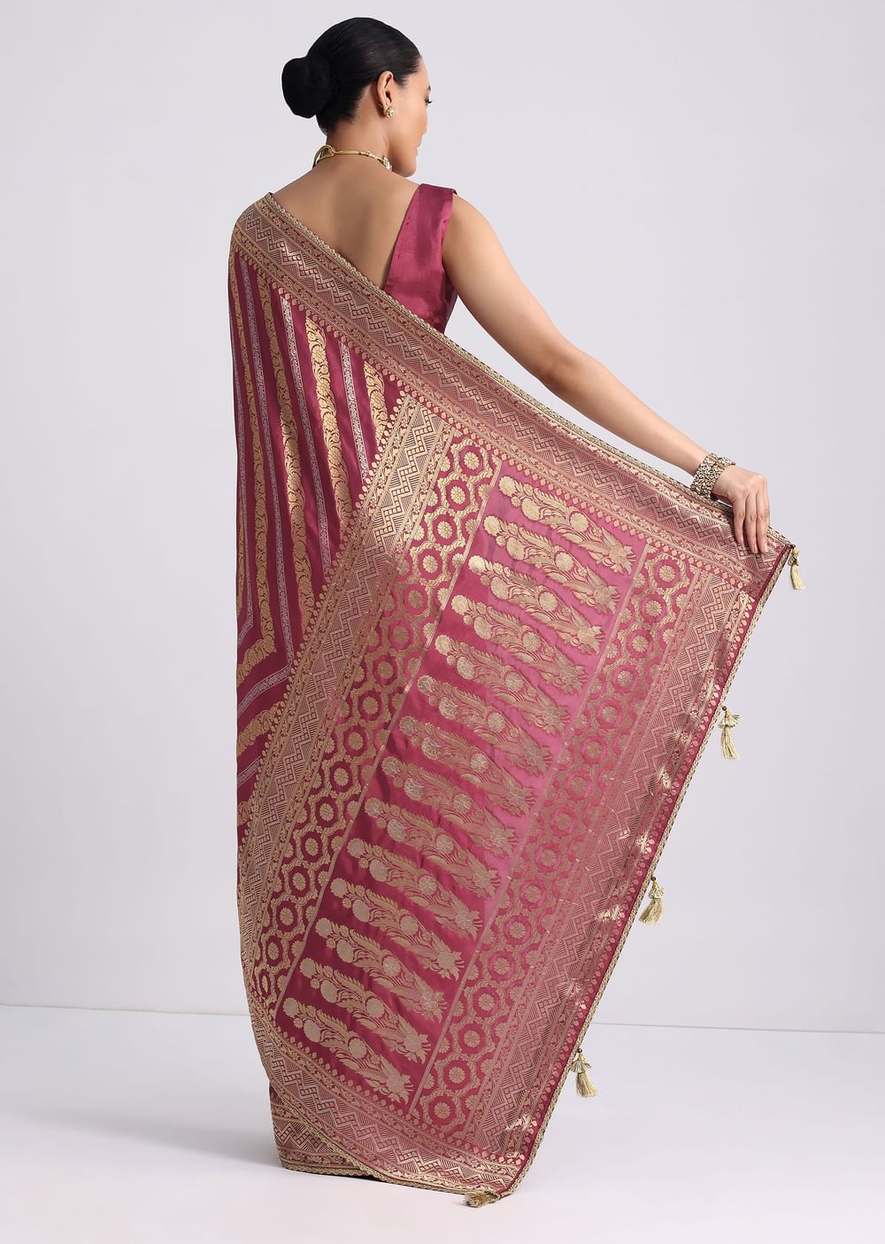 Dusty Pink Dola Silk Saree with Zari Weave and Lace Border