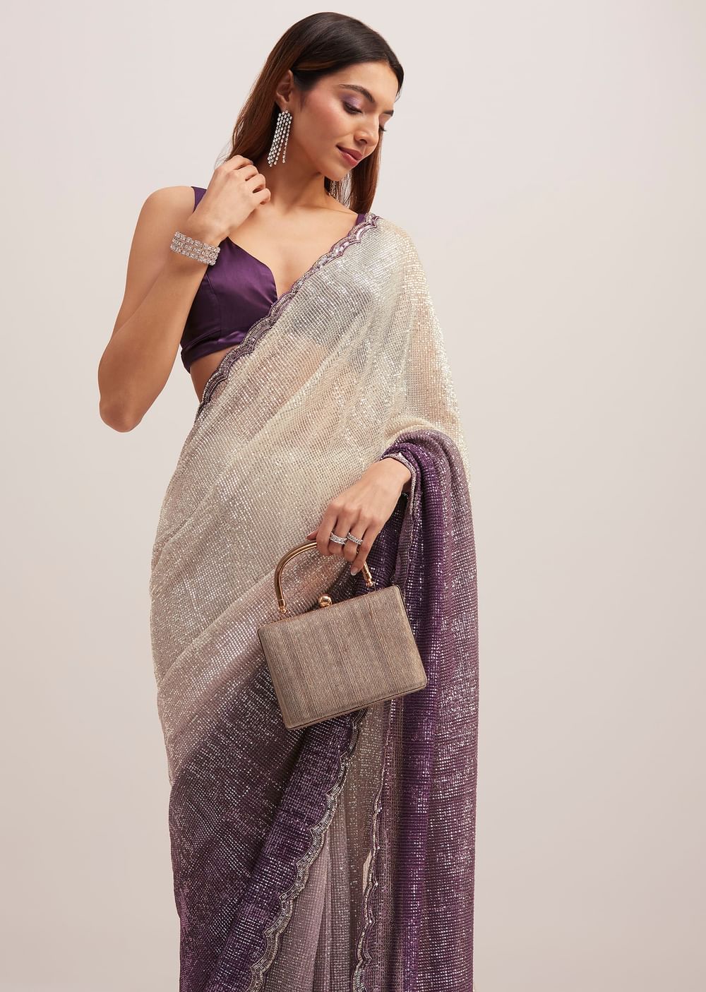 Purple Ombre Sequins Saree With Scallop Border